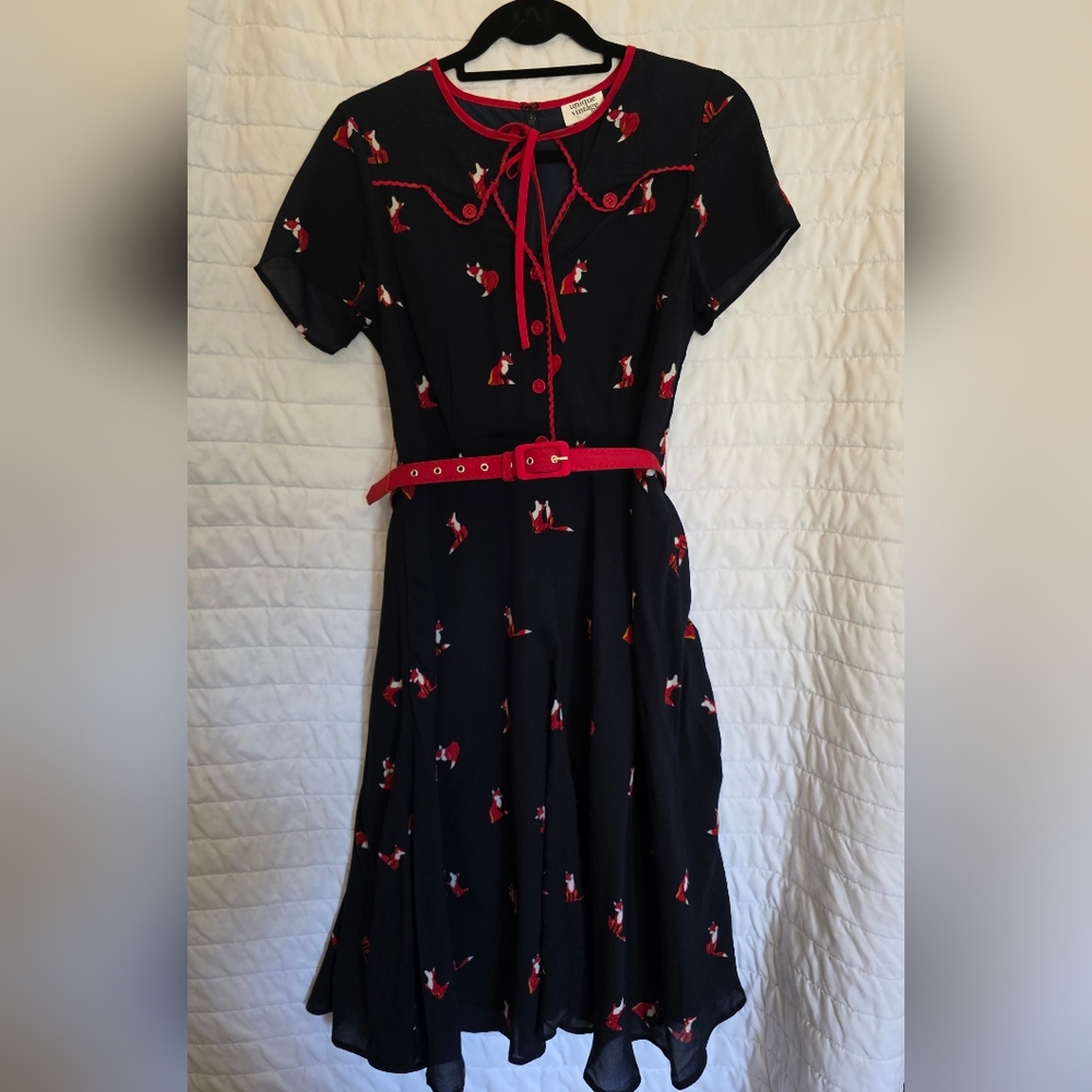 Modern Vintage Navy Dress, With Red Fox Pattern And Matching Belt